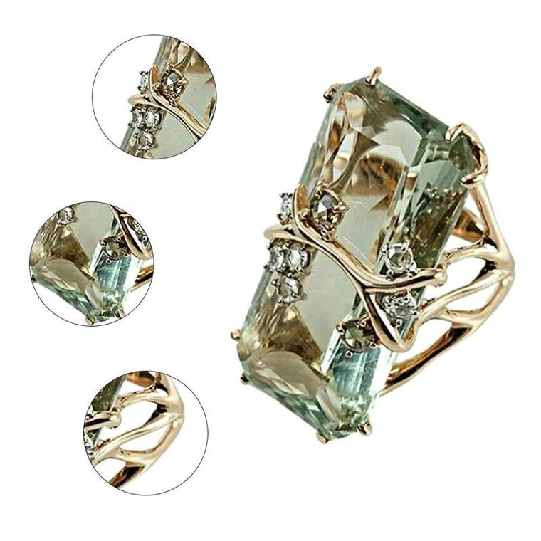 Retro Rectangular Green Crystal Zircon Ring Female Vintage Rhinestone Gold Color Engagement Ring Women's Fashion Jewelry