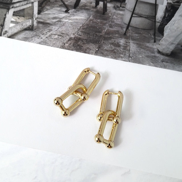 Peri'sBox Thick Link U Shape Geometric Earrings Brass Gold Drop Earrings for Women Chic Stylish Earrings Celebrity Jewelry