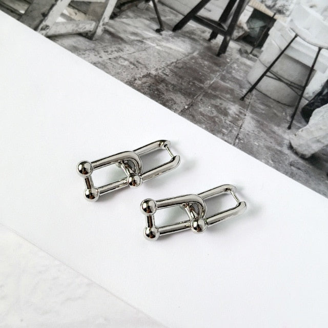 Peri'sBox Thick Link U Shape Geometric Earrings Brass Gold Drop Earrings for Women Chic Stylish Earrings Celebrity Jewelry