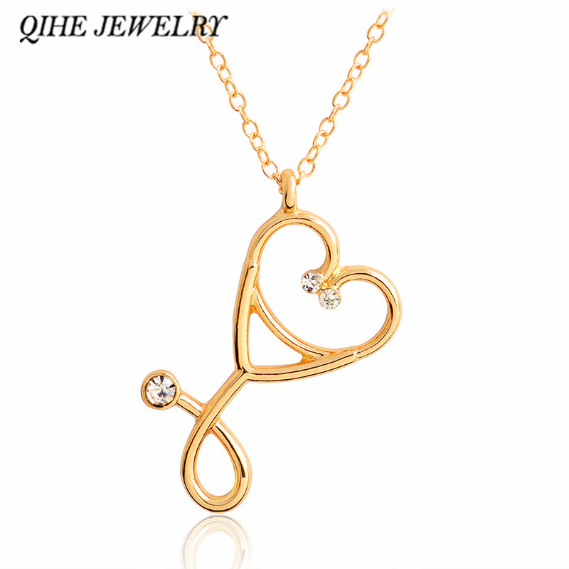 QIHE JEWELRY Stethoscope necklace Heart stethoscope pendant with rhinestone necklace Doctor Nurse Graduation Medical Gift