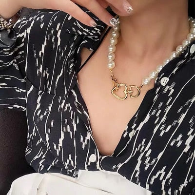 HUANZHI 2019 Hip Hop Multi-layer Imitation Irregular Pearls Chain Metal Beads Line Lock Chain Necklace for Women Jewelry