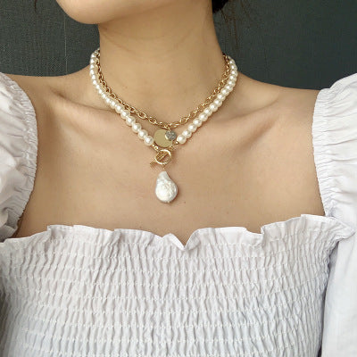 HUANZHI 2019 Hip Hop Multi-layer Imitation Irregular Pearls Chain Metal Beads Line Lock Chain Necklace for Women Jewelry