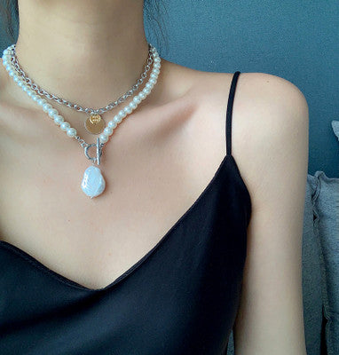 HUANZHI 2019 Hip Hop Multi-layer Imitation Irregular Pearls Chain Metal Beads Line Lock Chain Necklace for Women Jewelry