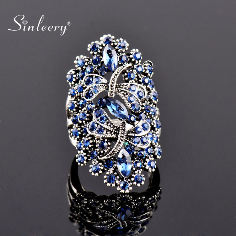 SINLEERY Vintage Big Hollow Blue Rhinestone Dragonfly Rings Women Antique Silver Color Wedding Party Jewelry JZ565 SSC
