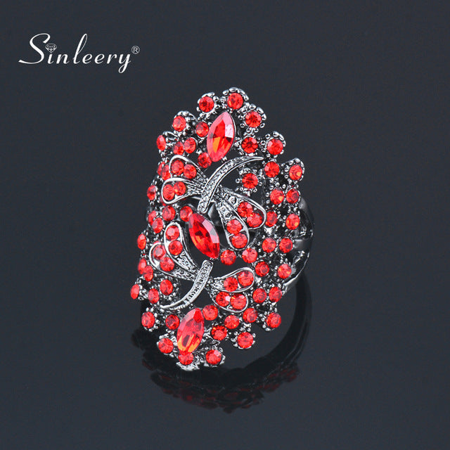 SINLEERY Vintage Big Hollow Blue Rhinestone Dragonfly Rings Women Antique Silver Color Wedding Party Jewelry JZ565 SSC