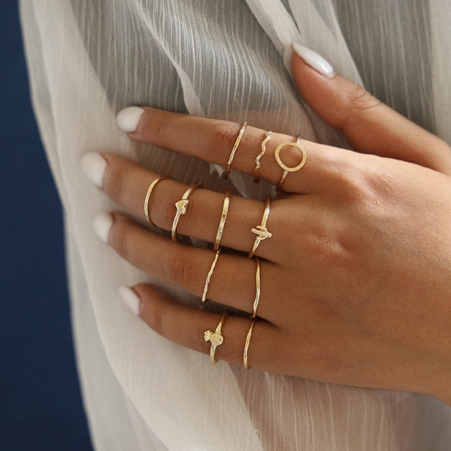 DIEZI 11pc/set Vintage Bohemian Heart Pineapple Round Wave Knuckle Joint Rings Set For Women Gold Finger Rings Jewelry 2019 New