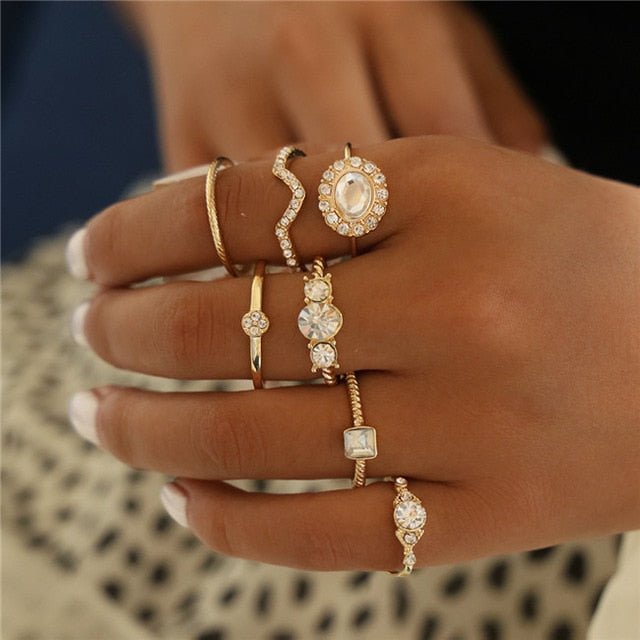 DIEZI 11pc/set Vintage Bohemian Heart Pineapple Round Wave Knuckle Joint Rings Set For Women Gold Finger Rings Jewelry 2019 New