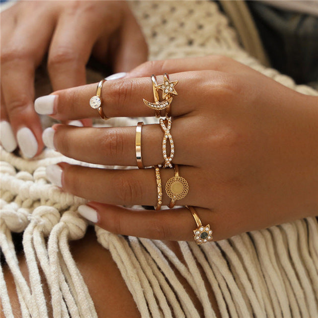 DIEZI 11pc/set Vintage Bohemian Heart Pineapple Round Wave Knuckle Joint Rings Set For Women Gold Finger Rings Jewelry 2019 New