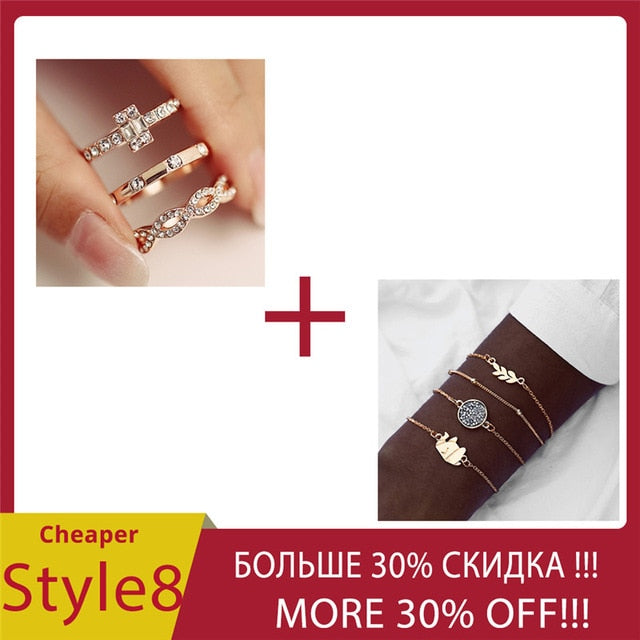 AY 3Pcs/Set Fashion Geometry Intersect Crystal Rings Set For Women Girls Engagement Wedding Rings Female Party Jewelry Gifts