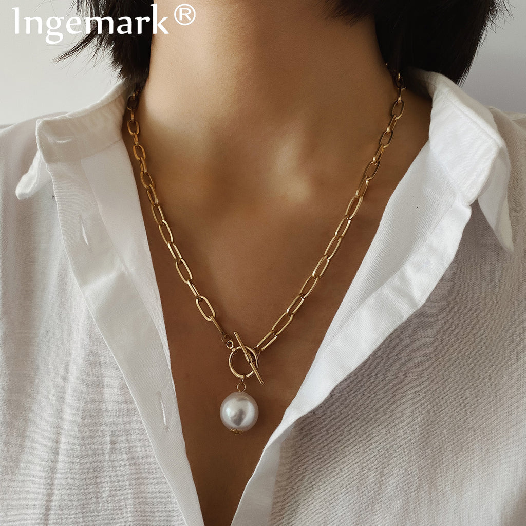 Gothic Baroque Pearl Pendant Choker Necklace for Women Wedding Punk Big Bead Lariat Gold Color Long Chain Necklace Jewelry