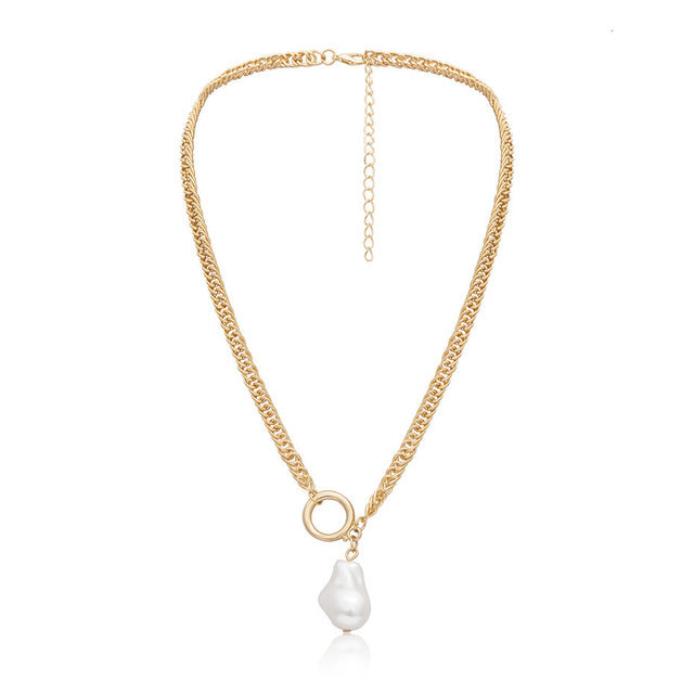 Gothic Baroque Pearl Pendant Choker Necklace for Women Wedding Punk Big Bead Lariat Gold Color Long Chain Necklace Jewelry