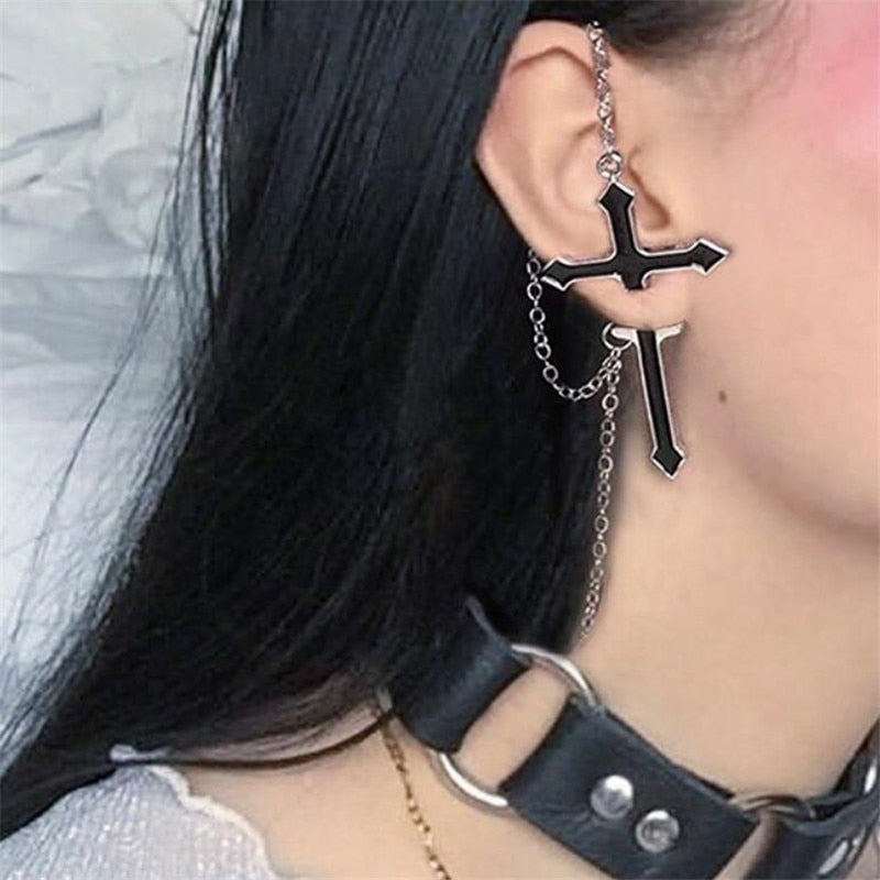 1PC European Style Egirl Fashion Vintage Long Chain Cross Zipper Drop Earrings For Men Women Party Punk Bff Jewelry Gift Brincos