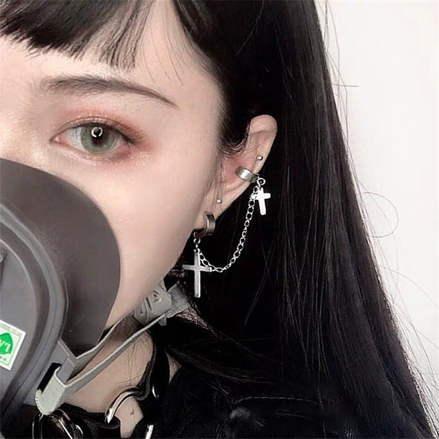 1PC European Style Egirl Fashion Vintage Long Chain Cross Zipper Drop Earrings For Men Women Party Punk Bff Jewelry Gift Brincos