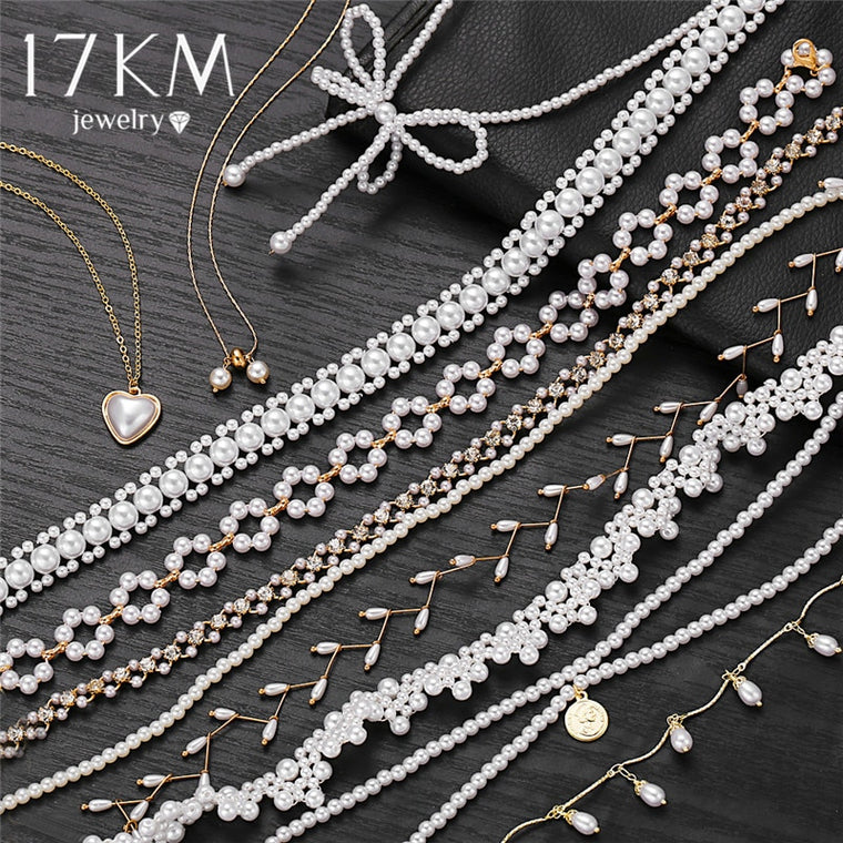 17KM 2020 Elegant Flower Pearl Choker Necklaces For Women Gold Coin Bow Knot Pendant Necklace Long Chain Jewelry Party Gifts