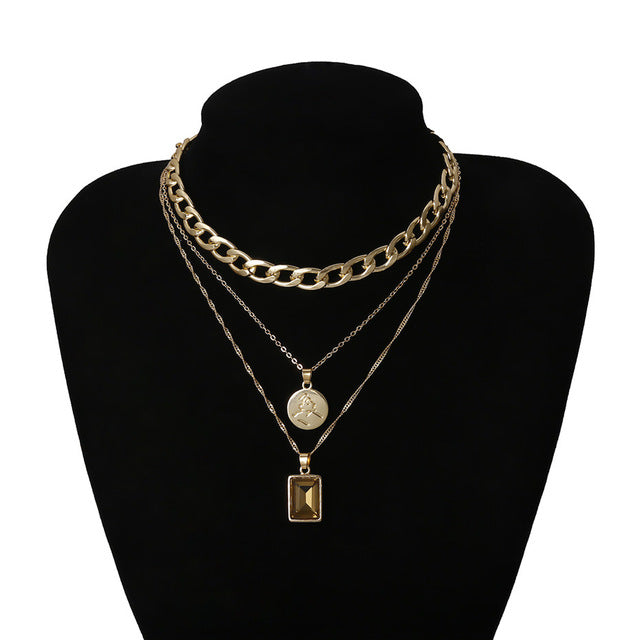 IngeSight.Z Punk Multi Layered Pearl Choker Necklace Collar Statement Virgin Mary Coin Crystal Pendant Necklace Women Jewelry