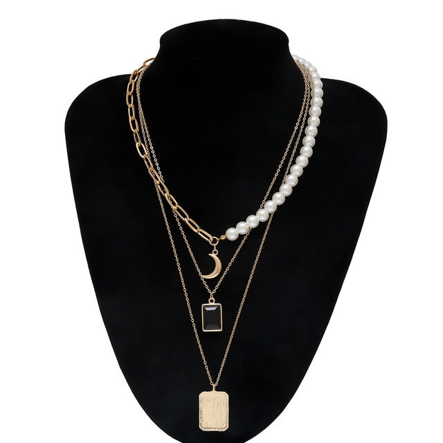 IngeSight.Z Punk Multi Layered Pearl Choker Necklace Collar Statement Virgin Mary Coin Crystal Pendant Necklace Women Jewelry