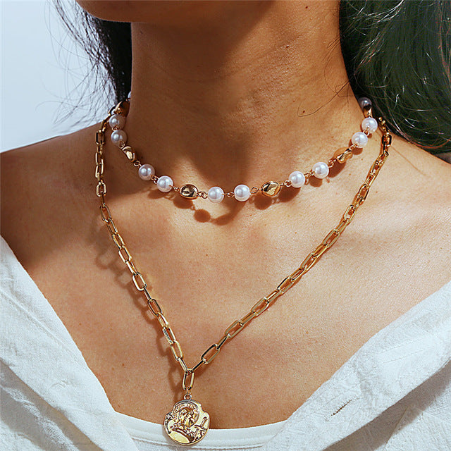 17KM 2020 Elegant Flower Pearl Choker Necklaces For Women Gold Coin Bow Knot Pendant Necklace Long Chain Jewelry Party Gifts