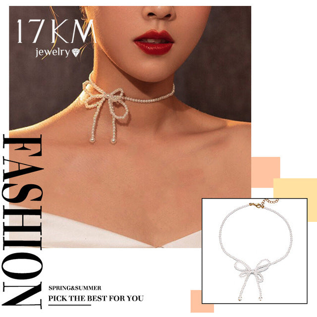 17KM 2020 Elegant Flower Pearl Choker Necklaces For Women Gold Coin Bow Knot Pendant Necklace Long Chain Jewelry Party Gifts