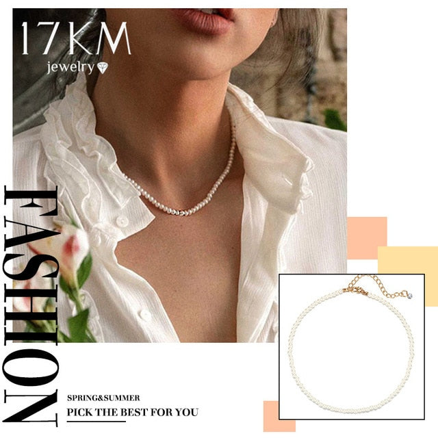 17KM 2020 Elegant Flower Pearl Choker Necklaces For Women Gold Coin Bow Knot Pendant Necklace Long Chain Jewelry Party Gifts
