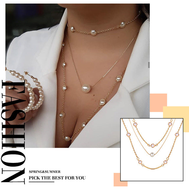 17KM 2020 Elegant Flower Pearl Choker Necklaces For Women Gold Coin Bow Knot Pendant Necklace Long Chain Jewelry Party Gifts