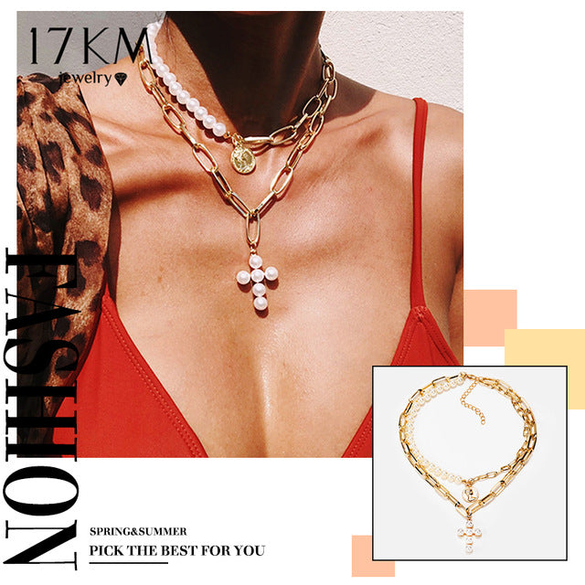 17KM 2020 Elegant Flower Pearl Choker Necklaces For Women Gold Coin Bow Knot Pendant Necklace Long Chain Jewelry Party Gifts