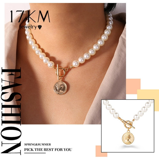 17KM 2020 Elegant Flower Pearl Choker Necklaces For Women Gold Coin Bow Knot Pendant Necklace Long Chain Jewelry Party Gifts