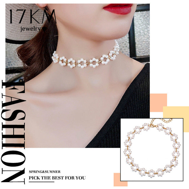 17KM 2020 Elegant Flower Pearl Choker Necklaces For Women Gold Coin Bow Knot Pendant Necklace Long Chain Jewelry Party Gifts