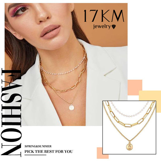 17KM 2020 Elegant Flower Pearl Choker Necklaces For Women Gold Coin Bow Knot Pendant Necklace Long Chain Jewelry Party Gifts
