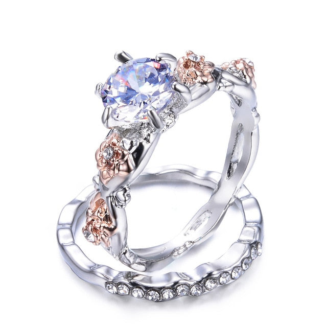 2Pcs/Set Geometric Shaped Purple Crystal Ring Set Stainless Steel Silver Color Rings For Women Luxury Jewelry Birthday Gift