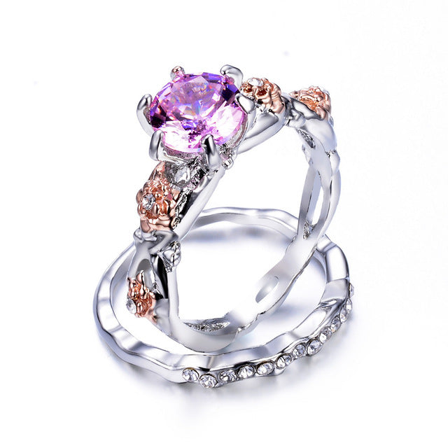 2Pcs/Set Geometric Shaped Purple Crystal Ring Set Stainless Steel Silver Color Rings For Women Luxury Jewelry Birthday Gift