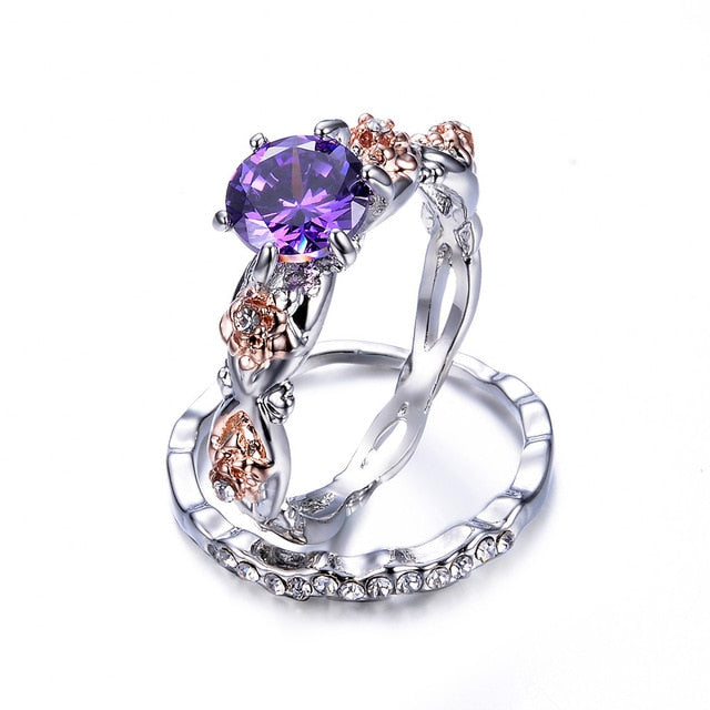 2Pcs/Set Geometric Shaped Purple Crystal Ring Set Stainless Steel Silver Color Rings For Women Luxury Jewelry Birthday Gift