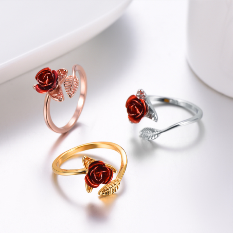 Red Rose Garden Flower Leaves Resizable Finger Rings for Women Valentine's Day Gift Jewelry Hot Sale 2019 Open Ring