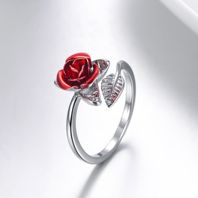 Red Rose Garden Flower Leaves Resizable Finger Rings for Women Valentine's Day Gift Jewelry Hot Sale 2019 Open Ring