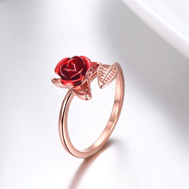 Red Rose Garden Flower Leaves Resizable Finger Rings for Women Valentine's Day Gift Jewelry Hot Sale 2019 Open Ring