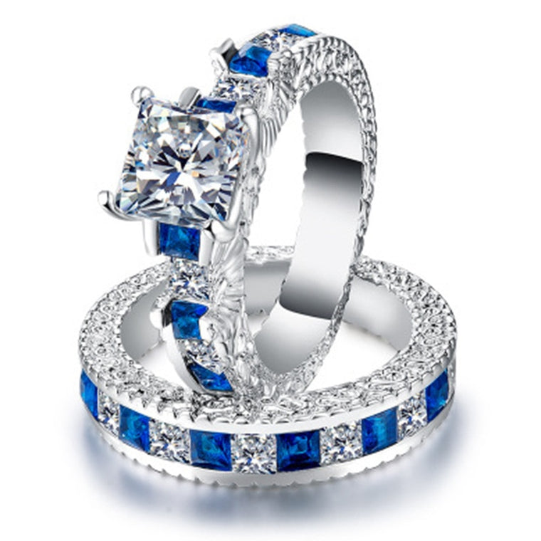 Double Green Blue Square CZ Ring in Rhodium Plated Wedding Bands AAA Zircon Jewelry Women Accessories Engagement wedding Ring