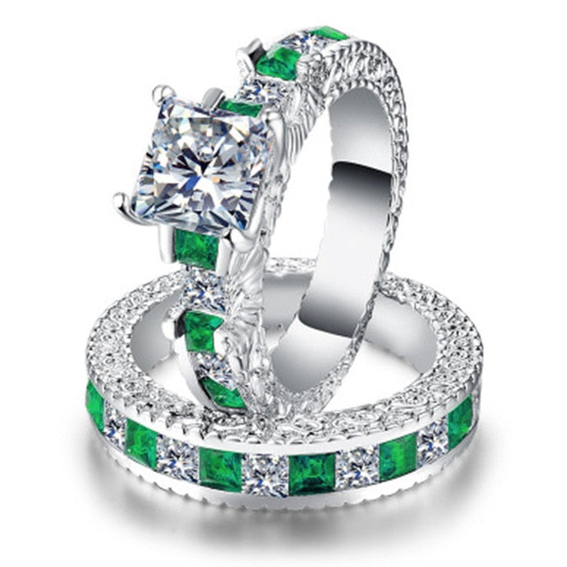 Double Green Blue Square CZ Ring in Rhodium Plated Wedding Bands AAA Zircon Jewelry Women Accessories Engagement wedding Ring