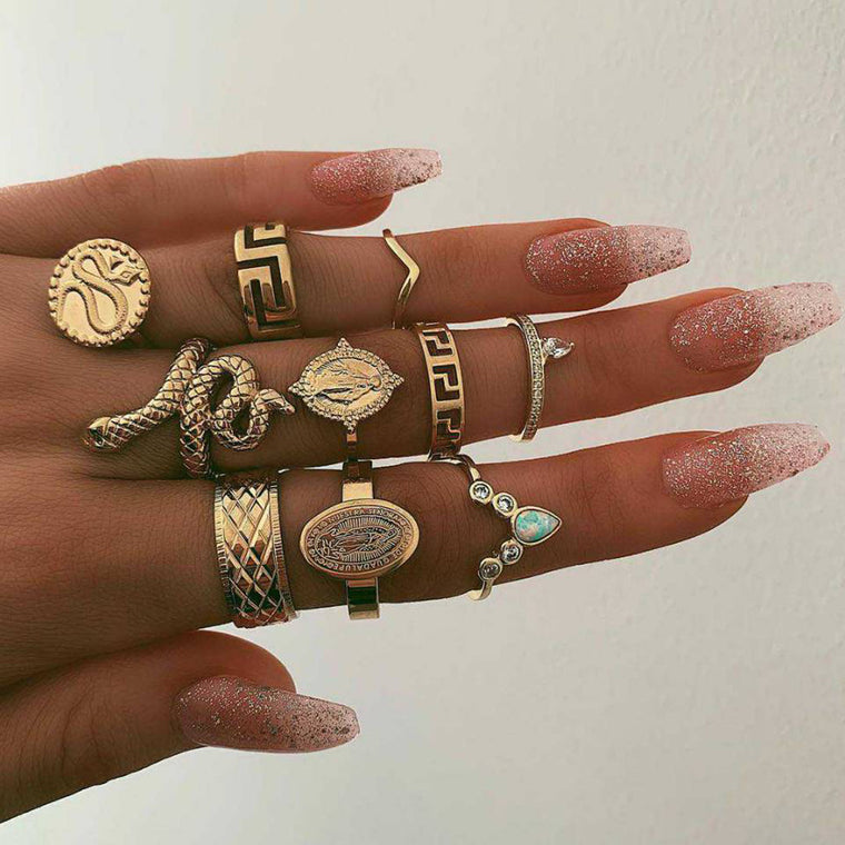 KMVEXO 10Pcs/Set Vintage Boho Snake Crystal Finger Rings Set Punk Bohemian Buddha Statue Stone Ring for Women Party Jewelry Gift