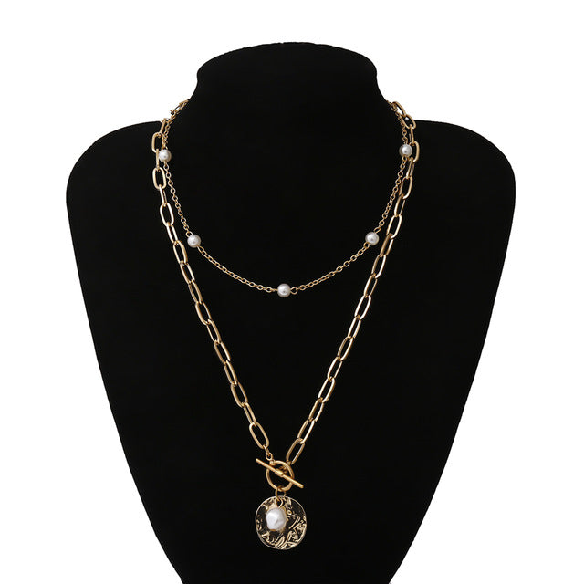 IngeSight.Z Punk Multi Layered Pearl Choker Necklace Collar Statement Virgin Mary Coin Crystal Pendant Necklace Women Jewelry