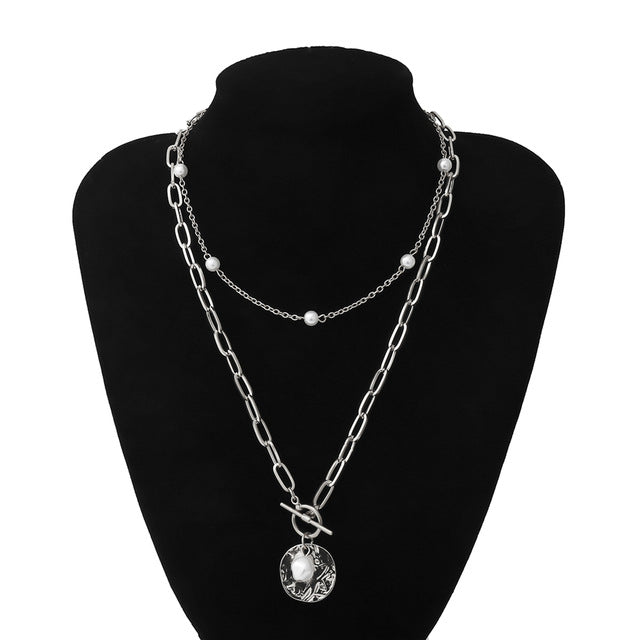 IngeSight.Z Punk Multi Layered Pearl Choker Necklace Collar Statement Virgin Mary Coin Crystal Pendant Necklace Women Jewelry