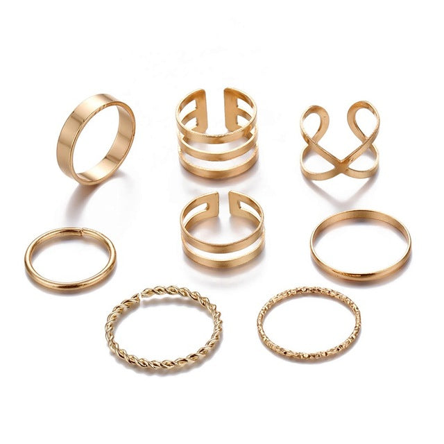 KISSWIFE 8 Pcs/Set Simple Design Round Gold Color Rings Set For Women Handmade Geometry Finger Ring Set Female Jewelry Gifts