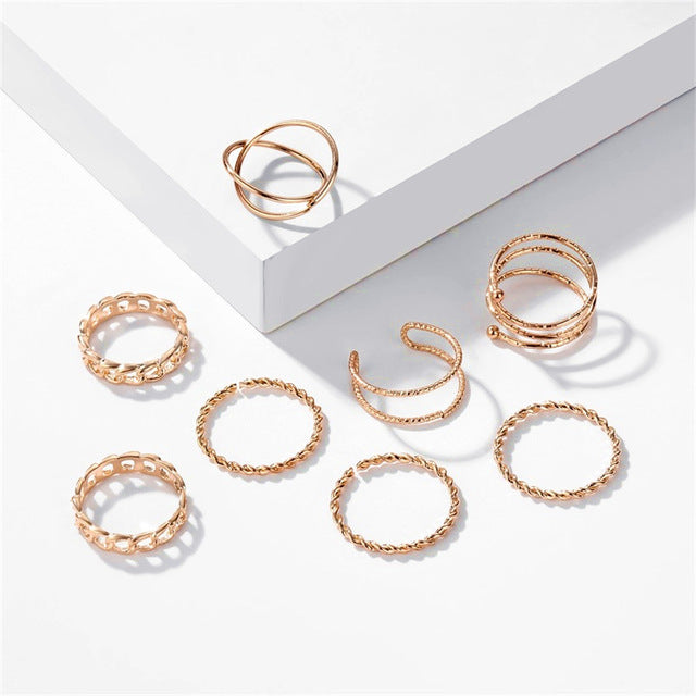 KISSWIFE 8 Pcs/Set Simple Design Round Gold Color Rings Set For Women Handmade Geometry Finger Ring Set Female Jewelry Gifts