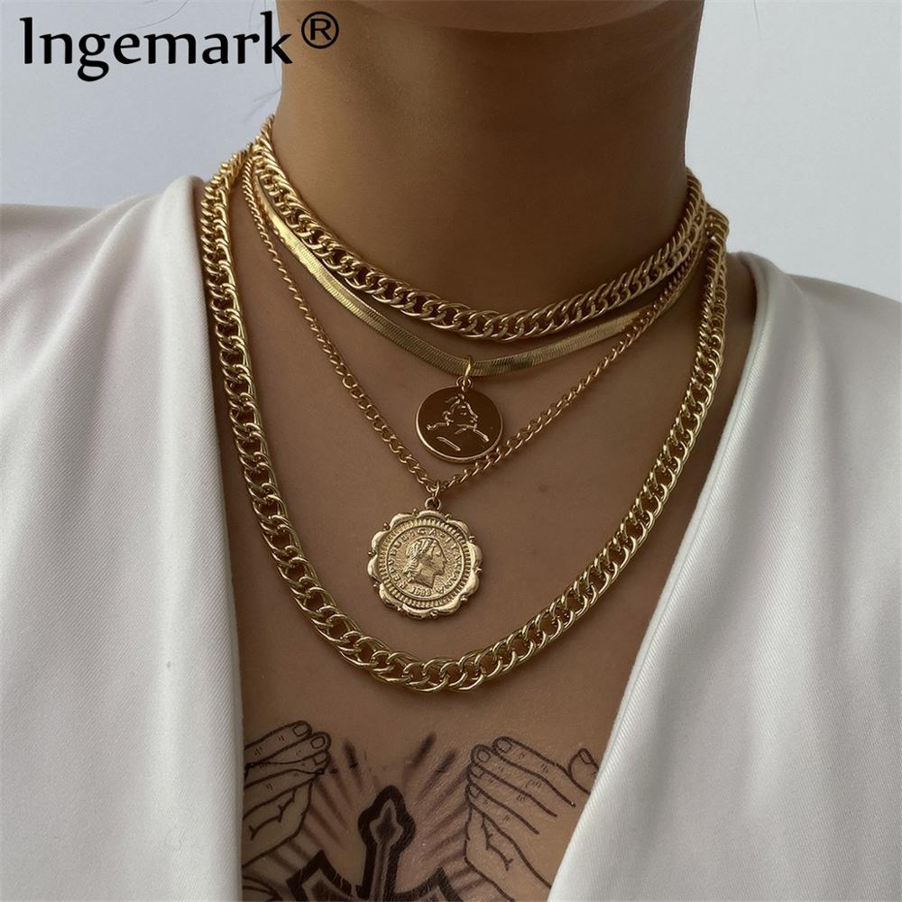 Punk Miami Cuban Choker Necklace Steampunk Men Jewelry Vintage Big Coin Pendant Chunky Chain Necklace for Women Neck Accessories