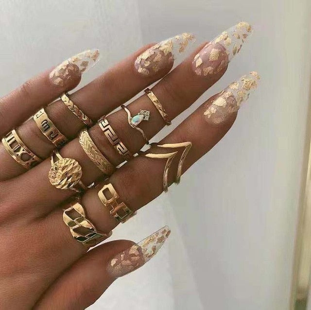 KMVEXO 13 Pcs/Set Bohemian Gold Geometric Snake Heart Butterfly Crystal Ring Set Women Charm Joint Rings Party Wedding Jewelry