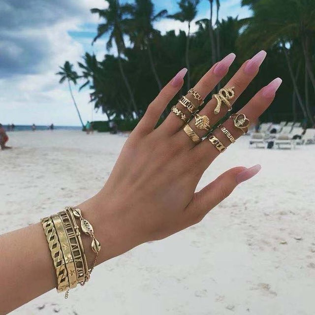 KMVEXO 13 Pcs/Set Bohemian Gold Geometric Snake Heart Butterfly Crystal Ring Set Women Charm Joint Rings Party Wedding Jewelry