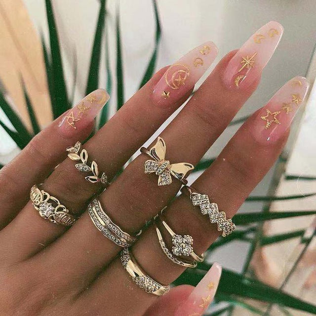 KMVEXO 13 Pcs/Set Bohemian Gold Geometric Snake Heart Butterfly Crystal Ring Set Women Charm Joint Rings Party Wedding Jewelry