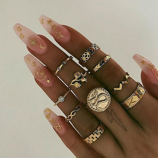 KMVEXO 13 Pcs/Set Bohemian Gold Geometric Snake Heart Butterfly Crystal Ring Set Women Charm Joint Rings Party Wedding Jewelry