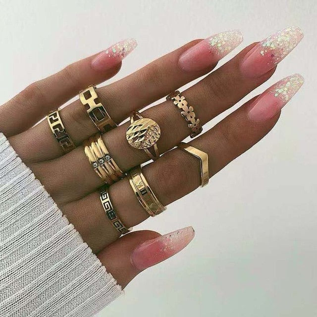 KMVEXO 13 Pcs/Set Bohemian Gold Geometric Snake Heart Butterfly Crystal Ring Set Women Charm Joint Rings Party Wedding Jewelry