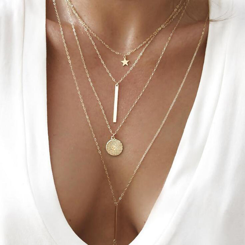 Tocona Bohemia Round Pentagram Layered Necklace Gold Chain Alloy Chokers Necklace for Women Statement Necklace Collar Femme 3869