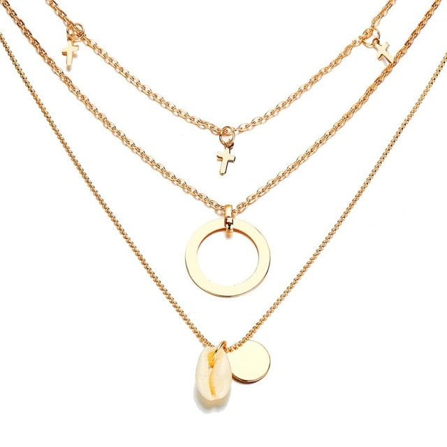 Boho Shell Pendant Necklace for Women Long Chain Round Coin Multilayer Choker 2019 Collares Necklace Wedding Jewelry