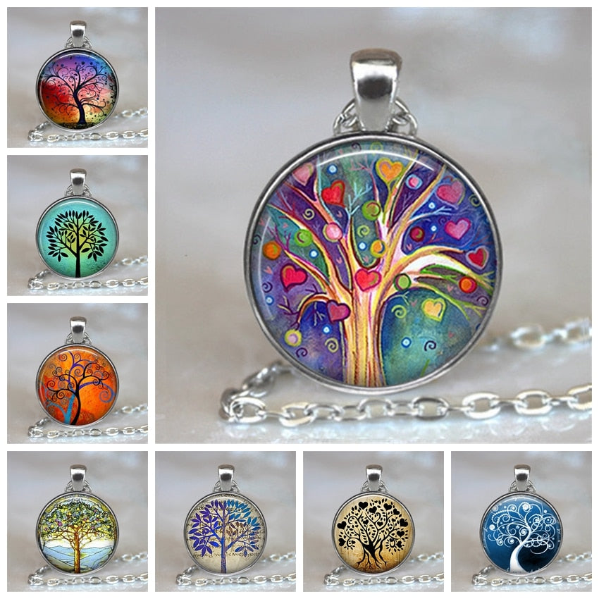 Tree Of Life Glass Cabochon Statement Necklace & Pendant Jewelry Vintage Charm Chain Choker Steampunk Jewelry Gift for Women